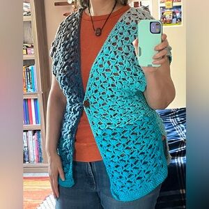 Handmade crochet cardigan - very soft acrylic aqua blue and grey with button